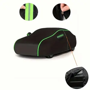 210T Heavy-Duty Car Cover - Waterproof/Windproof/UV Protection, Zipper Doors, All-Weather Outdoor. Tailored Fit for SUV/Sedan/Hatchback/Pickup. Durable Black Fabric with Neon Green Accents, High-Quality Craftsmanship.waterproof full exterior cover