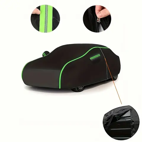 210T Heavy-Duty Car Cover - Waterproof/Windproof/UV Protection, Zipper Doors, All-Weather Outdoor. Tailored Fit for SUV/Sedan/Hatchback/Pickup. Durable Black Fabric with Neon Green Accents, High-Quality Craftsmanship.waterproof full exterior cover