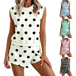 Sports & Outdoors Sports & Outdoors Skort Sets Women 2 Piece Outfits Polka Dot Workout Set Ribbed Trim Tank Split Skort 2PCS Set Sleeveless Polka Dot Sets