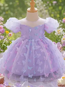Kids' Solid Butterfly Print Bow Decor Tulle Dress, Cute Puff Sleeve A Line Dress for Party, Kids Clothes for All Seasons