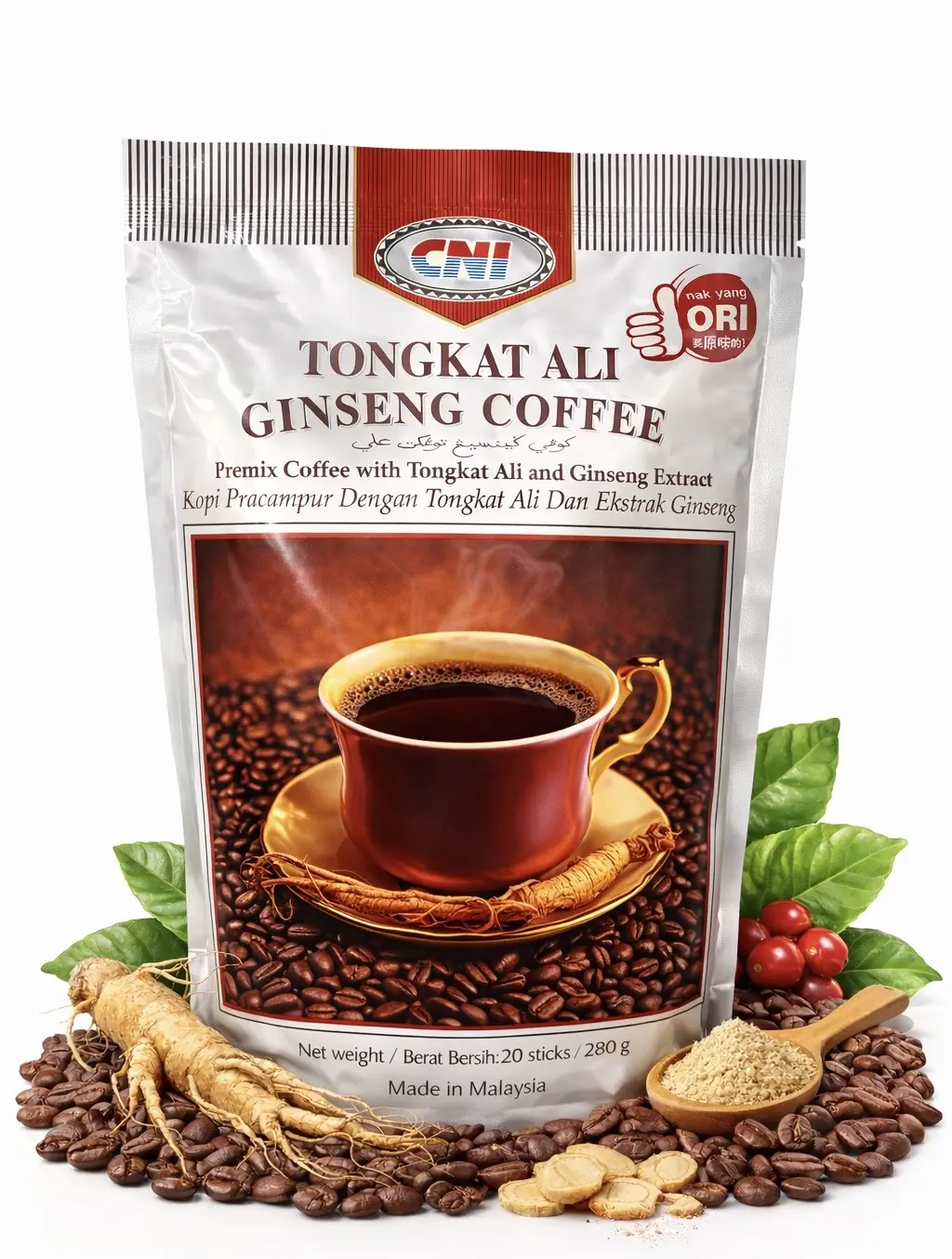 Tongkat Ali Ginseng Coffee for Men Herbal Supplement Maca Root Energy Coffee with Ginseng Cordyceps Reishi