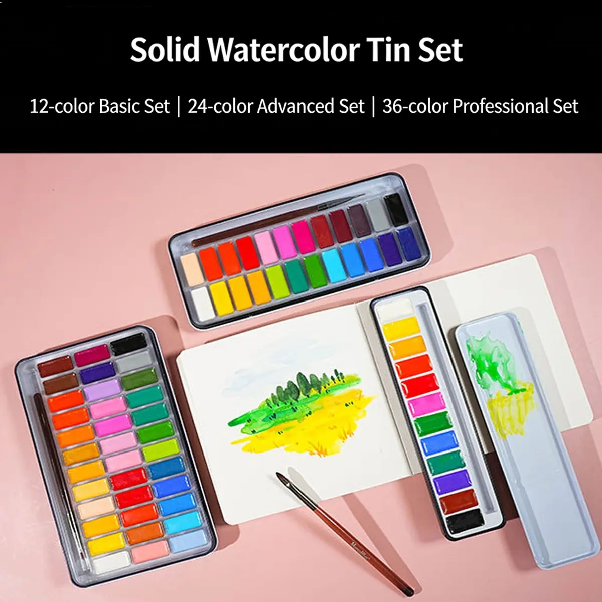 Professional 12/24/36-Color Solid Watercolor Paint Set, Portable Travel Kit with Brush, Travel Painting Supplies, Ideal for Art Drawing and Sketching