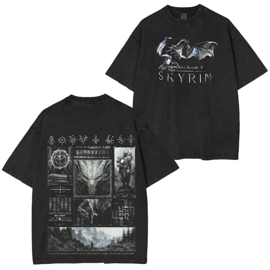 The Elder Scrolls V: Skyrim Vintage Unisex Washed T-Shirt, Cotton Tops Womenswear Crewneck