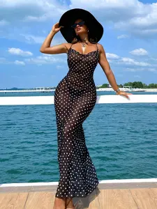Women's Polka Dot Print Semi-sheer Tulle Cover Up Dress, Casual Sleeveless Long Dress for Beach Holiday Vacation, Ladies Clothes for All Seasons