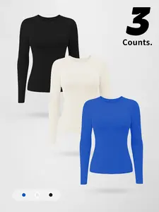Women's Casual Tight-Fit Long Sleeve Active Top, Gym Material Round Neck, Fashionable Comfortable Design, Fall & Winter Essential