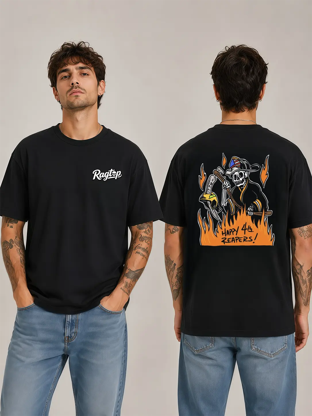 [Graphic T-Shirt] firefighter shirt - Ragtop Patriotic Grim Reaper Firefighter Graphic Tee, Skull Fire Rescue Independence Day Design, American First Responder Inspired Apparel,cotton tee,printed shirts for men
