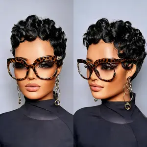 Human Hair Pixie Cut Wig, Short Curly Wavy Wig with Bangs, Natural, Rose Net Cap, Elegant Style for Women, Daily Use, Pixie Wigs