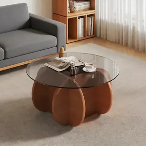 Modern Round Coffee Table for Living Room, Mid Century Center Table with Tempered Glass Top and Wood,  31.5" x 31.5" x 15.7", Walnut