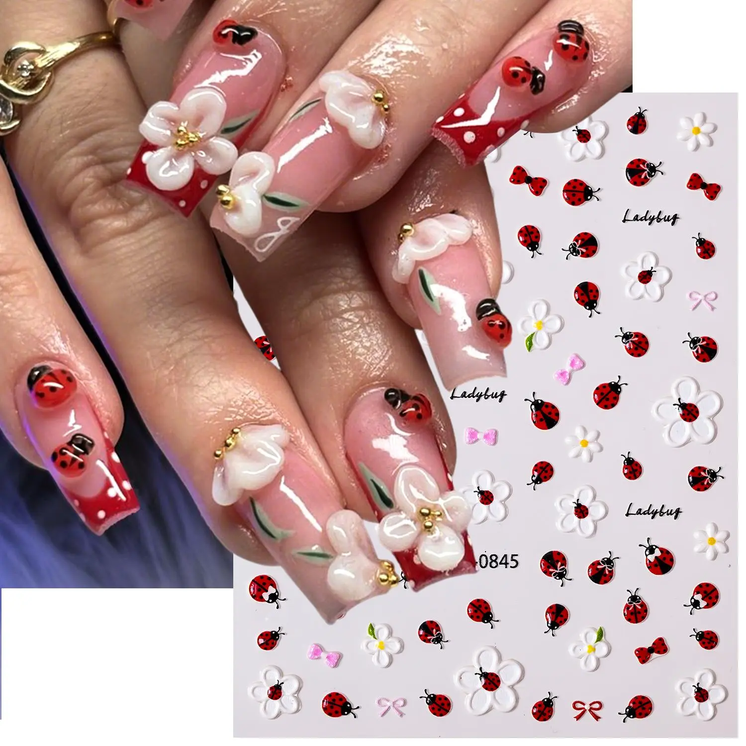Seven Star Ladybug Flower Nail Art Stickers 5D Embossed Small White Floral Manicure Decal Red Bow Seven-Star Ladybug Nail Slider