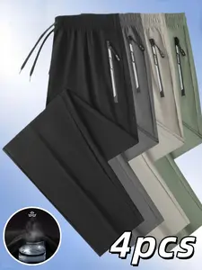 Men’s solid-color minimalist ice silk casual pants, 4-pack; nylon–spandex blend fabric; quick-drying running pants with stretch; cool-touch comfort; casual athletic long pants