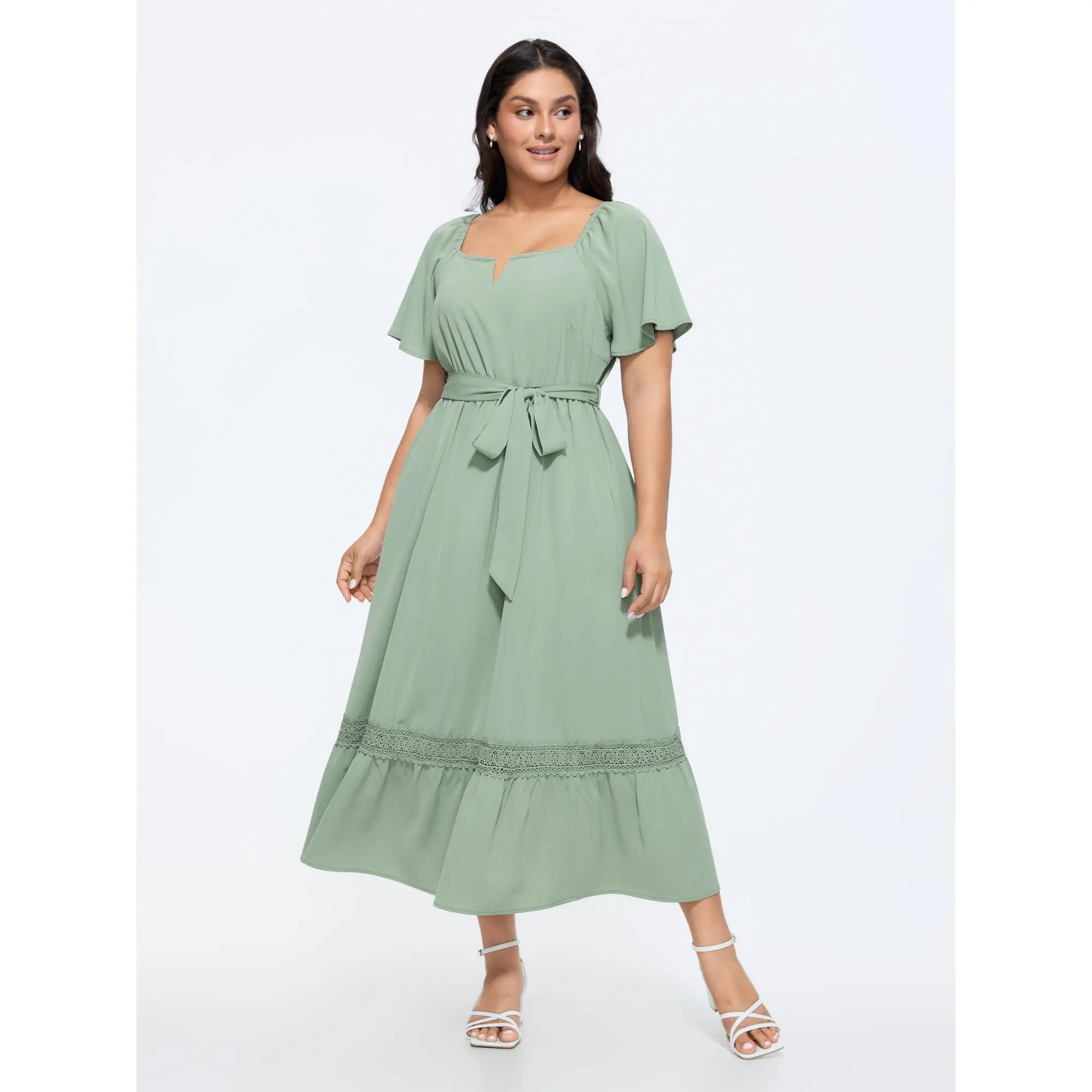 BLOOMCHIC Women's Plus Size Polyester Shortsleeve Smooth 2-Way Wear Neckline Waist-Tie Belt Maxi Dress [M–6X],Summerfinds