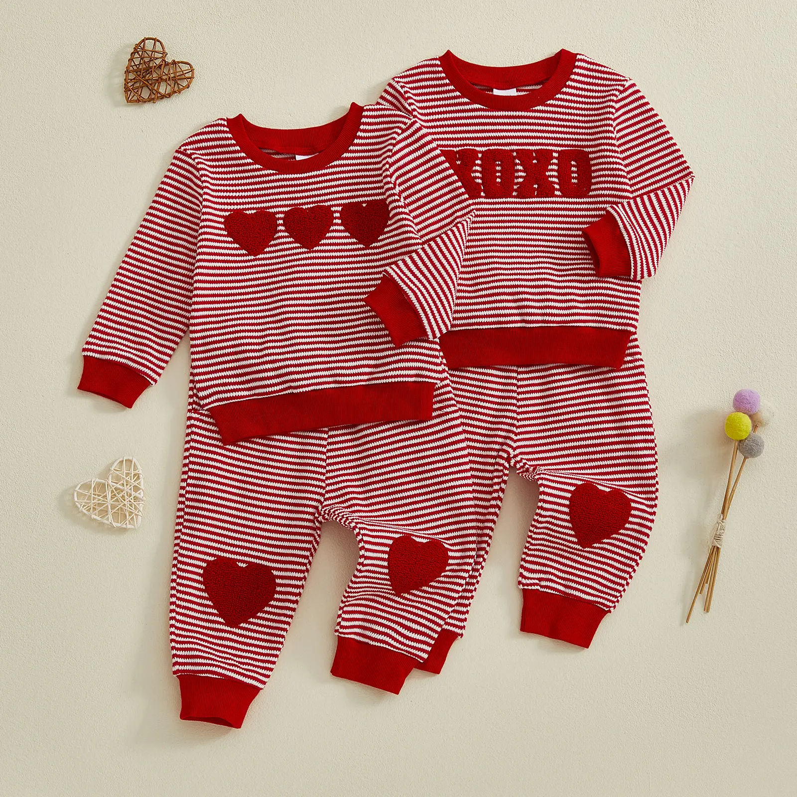 Valentine Toddler Baby Boy Girl Valentines Outfit Love Embroidery Crewneck Long Sleeve  Striped Sweatshirt with Pants 2Pcs Clothes Set