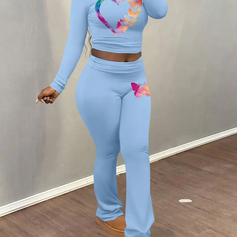 Women's Heart Print Crop Tee & Butterfly Print Flare Leg Pants Two-Piece Set, Casual Fashion Cozy Round Neck Long Sleeve Top & Bell Bottom Trousers for Daily Outdoor Wear, Women's Clothing for Fall & Winter, Womenswear