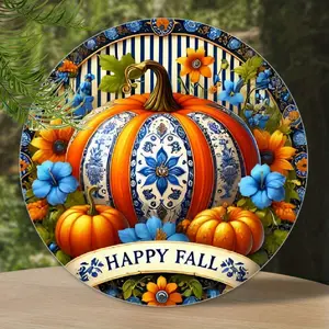 8x8 in Round Aluminum Alloy Pumpkin Sign - Happy Fall Vintage Wall Decor with Blue & White Floral Patterns, Home Farmhouse Decoration, Perfect Holiday Gift, Room Decorations