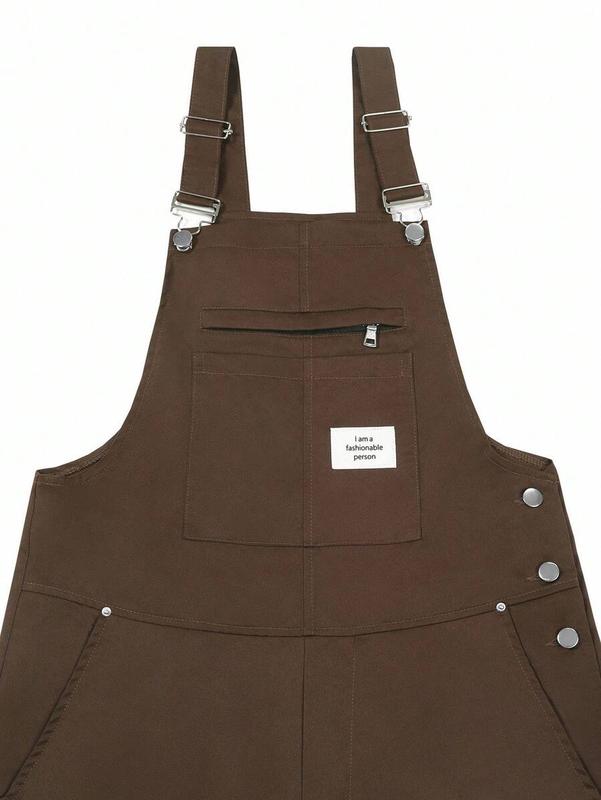 Manfinity Hypemode Men's Coffee Brown Bib Overalls with Patch Design Oversized Fit Casual Fashion Shortsleeve Straps Regular Fit Menswear Plain Fabric Cropped Natural