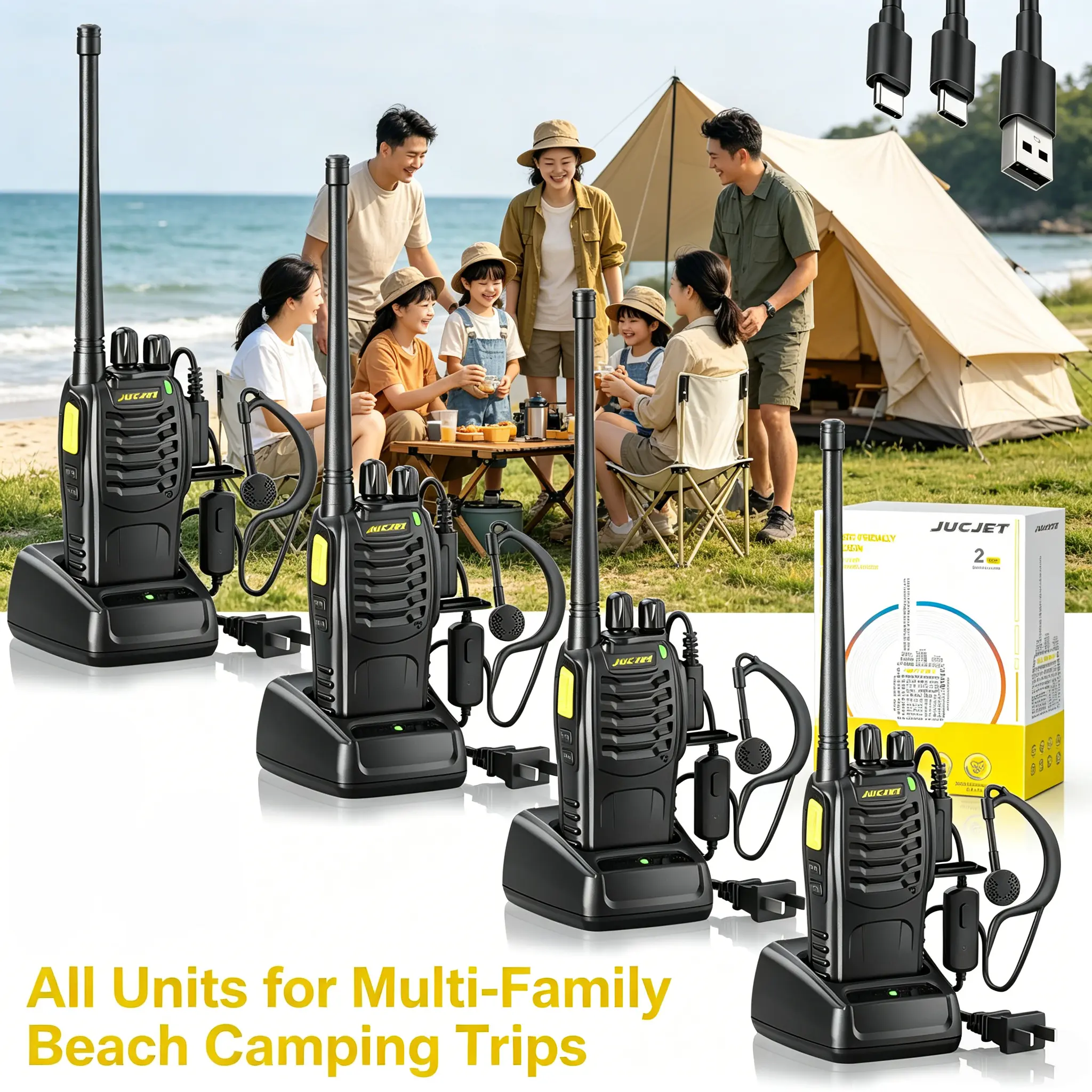JUCJET 4-Pack Rechargeable Walkie Talkies with Original Headsets & USB Dock, Long-Range 2-Way Radios for Experienced Adults & Ham Beginners, 1-Click Pairing & Digital Encryption Intercom