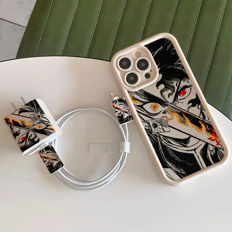 5 Piece Set Antique Cool Anime Phone Case, Charger Head Cover, Cable Protector, Storage Rope, Tpu Anti-Drop Protection for iPhone