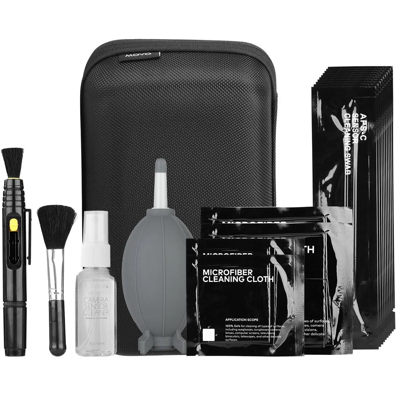 Deluxe  DSLR Camera Cleaning Kit with 10 APS-C Cleaning Swabs, Sensor Cleaning Fluid, Rocket Air Blower, Lens Pen, Soft Brush, 2X Small and 2X Large Microfiber Cloths and Carrying Case