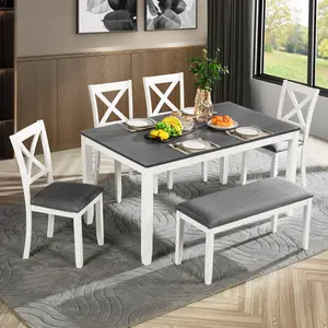 6-Piece Dining Table Set with Bench, Wood Dining Table Set for 6, Modern 6-Person Dining Table Set for Dining room, Kitchen, Grey & White two tone