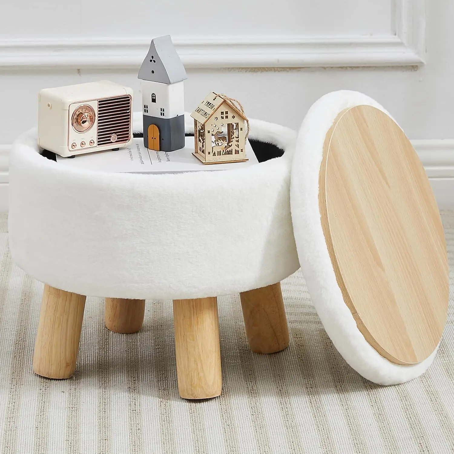 Small Foot Stool Ottoman with Storage, Soft Faux Fur Ottoman Foot Rest for Couch, Round Footstool with Storage, Small Ottomans and Footstools for Living Room and Entryway (White)