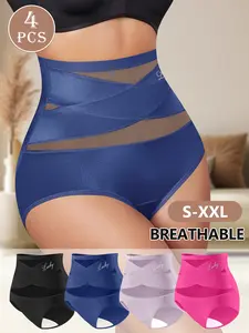 Women's High-Waist Panties,4 Pack Lucky Letter Logo,Cross-Mesh Panel Underwear,Ultra Soft Comfort Fit Briefs - Womenswear SpringStatements