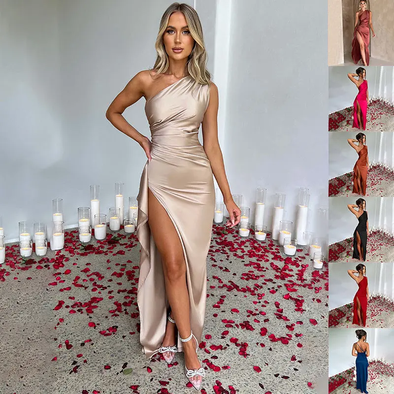 Women’s One-Shoulder Satin Maxi Dress – Elegant Side Slit