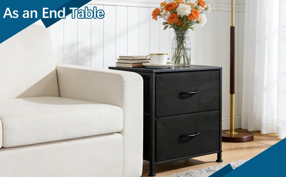 Minimalist Fabric Nightstand with 2 Drawers - Rectangular House Furniture, Small Metal-Frame Bedside Table with Wooden Top, Dresser End Table for Bedroom Small Spaces Black