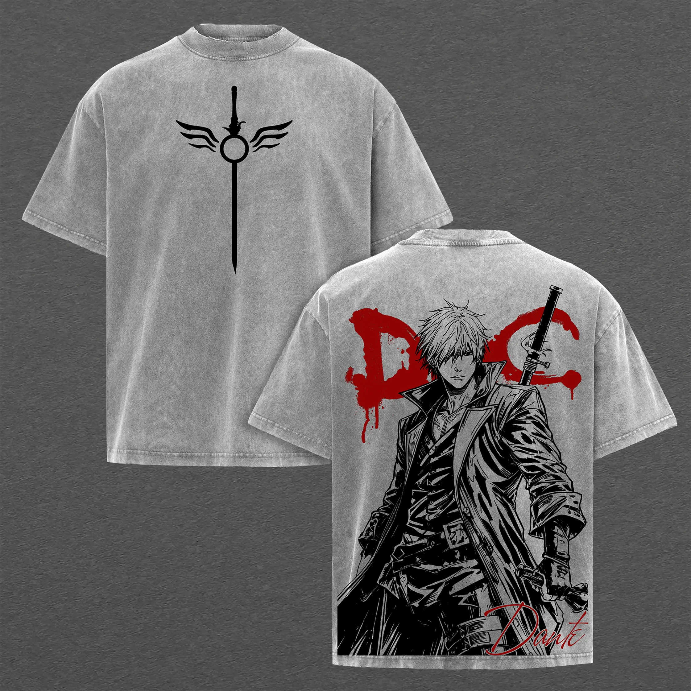 Dante Devil May Cry Washed T-Shirt, Dante Son of Sparda Graphic Tee, Legendary Devil Hunter Heavy Cotton Tee Video Game Double Printed Heavyweight Shirt, Menswear Gift for Gamers, DMC Inspired Oversized Heavy Cotton Tee
