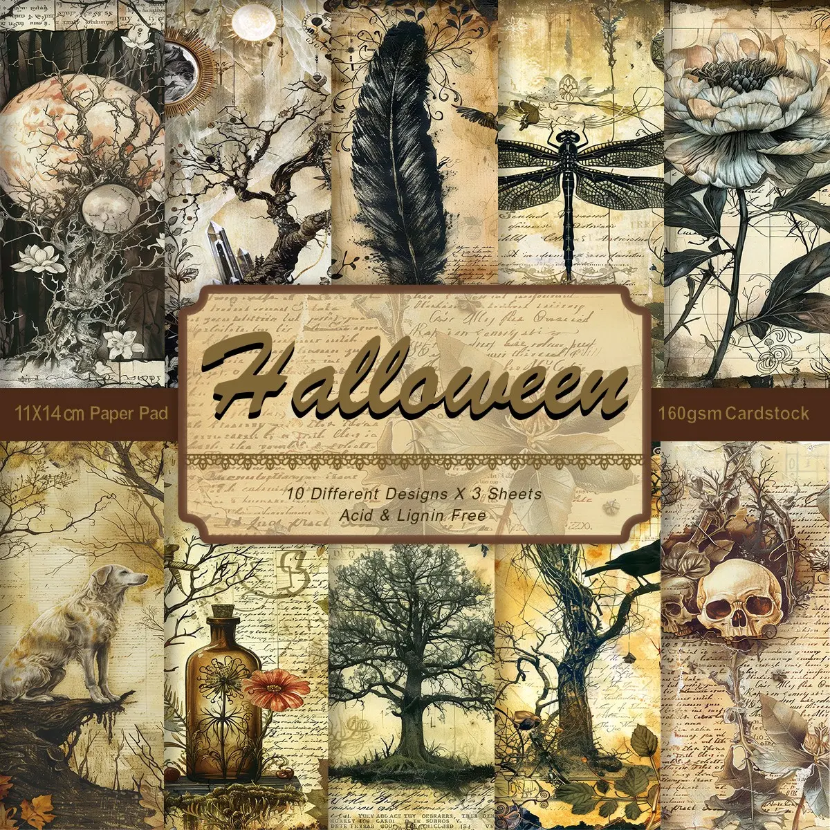 30 Sheets Vintage Gothic Witch Scrapbook Paper, 4.3x5.5 Inch, Forest Skull Feather Dragonfly Prints Patterned Papers, Ideal for Collage Art Card Making DIY Crafts, Scrapbooking Paper