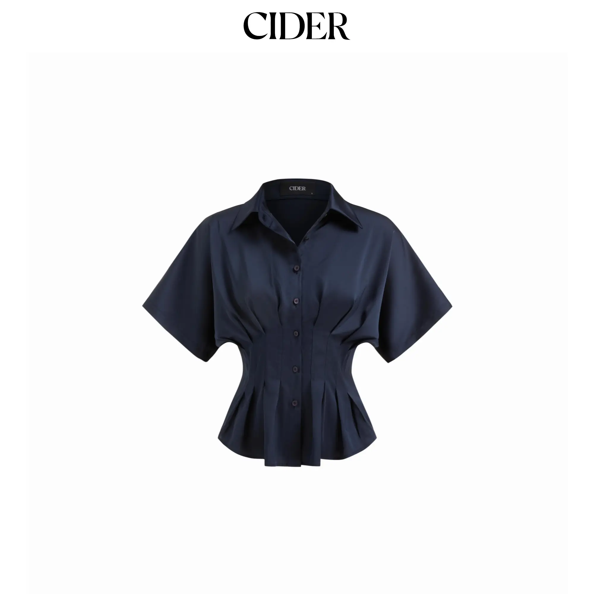 Cider Satin Collar Pleated Cinched Short Sleeve Shirt