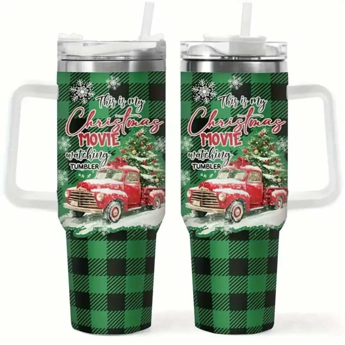 40oz Plaid Insulated Tumbler with Handle for Hot & Cold Drinks - Christmas Movie Watching Cup, BPA-Free, Holiday Gift - Drinkware, Flasks - Bottle