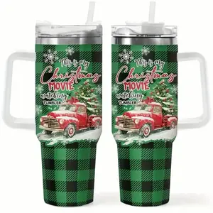 40oz Plaid Insulated Tumbler with Handle for Hot & Cold Drinks - Christmas Movie Watching Cup, BPA-Free, Holiday Gift - Drinkware, Flasks - Bottle