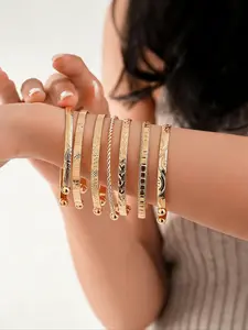 Women's 7-Piece Bangles, 14k Plated Stackable Open Cuffs, Classic Embossed Design, Minimalist Layering Jewelry, Ideal Gift, Gold Plated Bracelet
