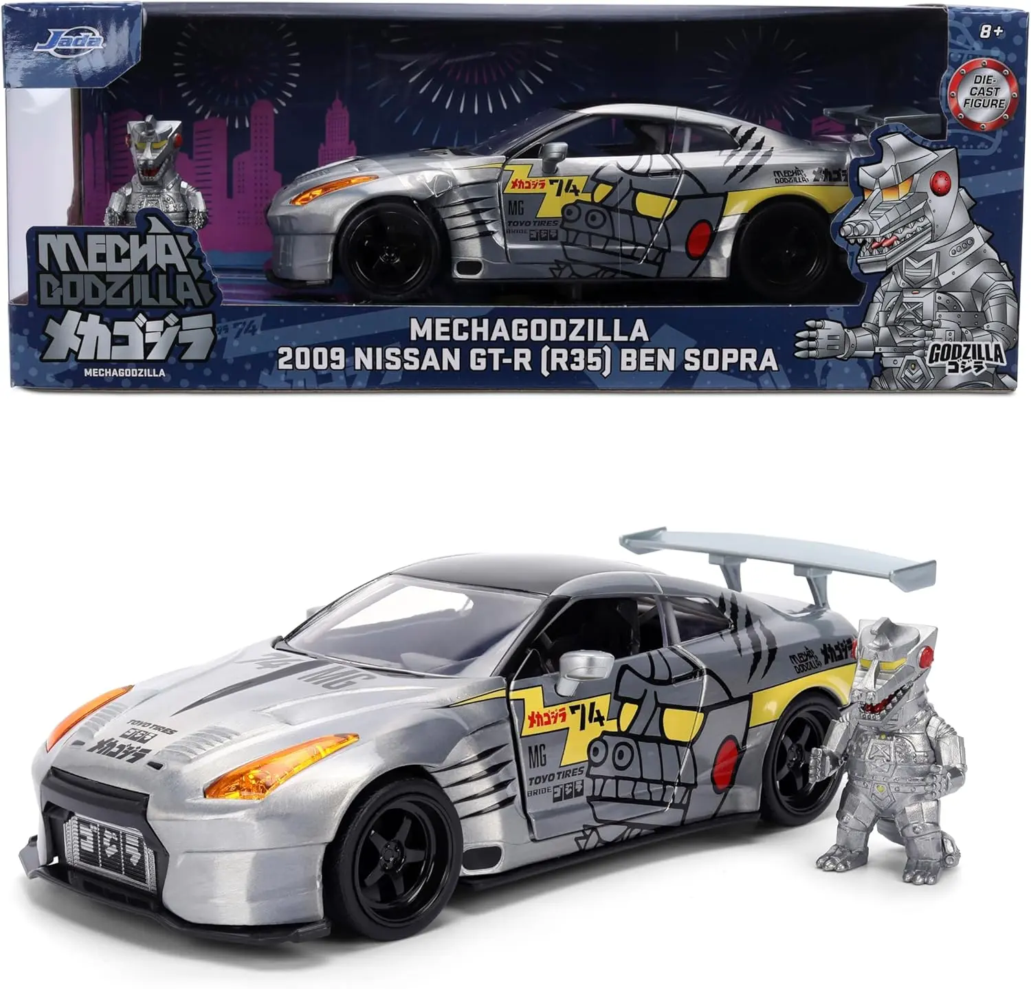 Jada Mechagodzilla w/ 2009 Nissan GT-R R35 Ben Sopra 1:24 Die-Cast Car & Figure Toys Opening Doors, Hood & Trunk Collectible Toy