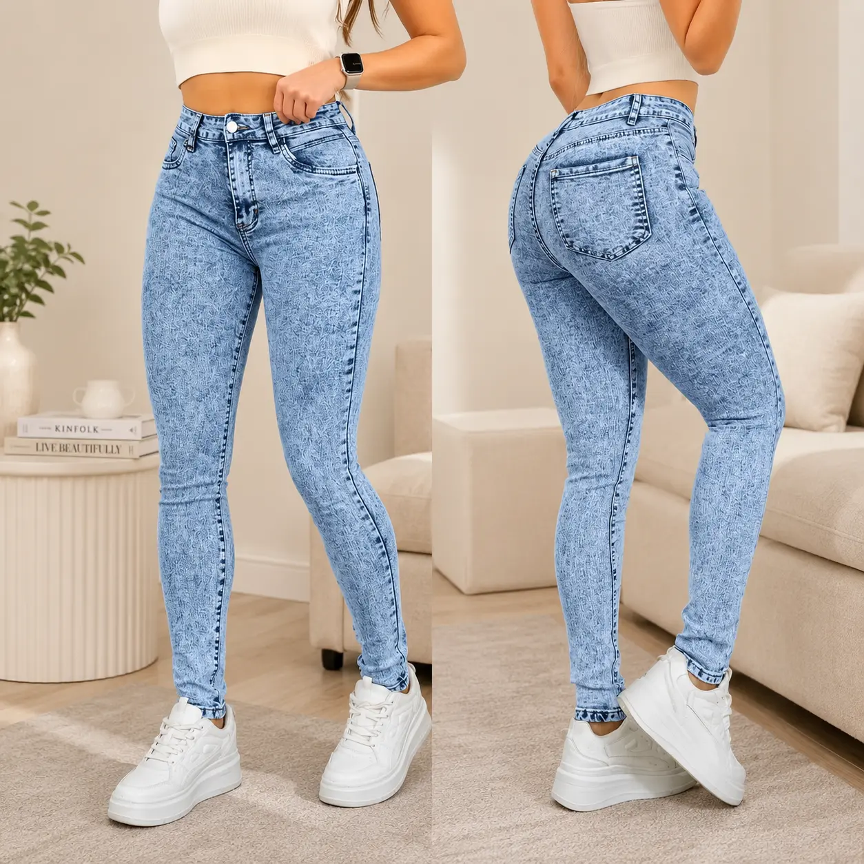Women's Mid-Rise Smooth Fabric Minimalist Skinny Jeans - Stretchy, Butt-Lifting, Tummy-Control Everyday Bottoms, Pocket, Soft