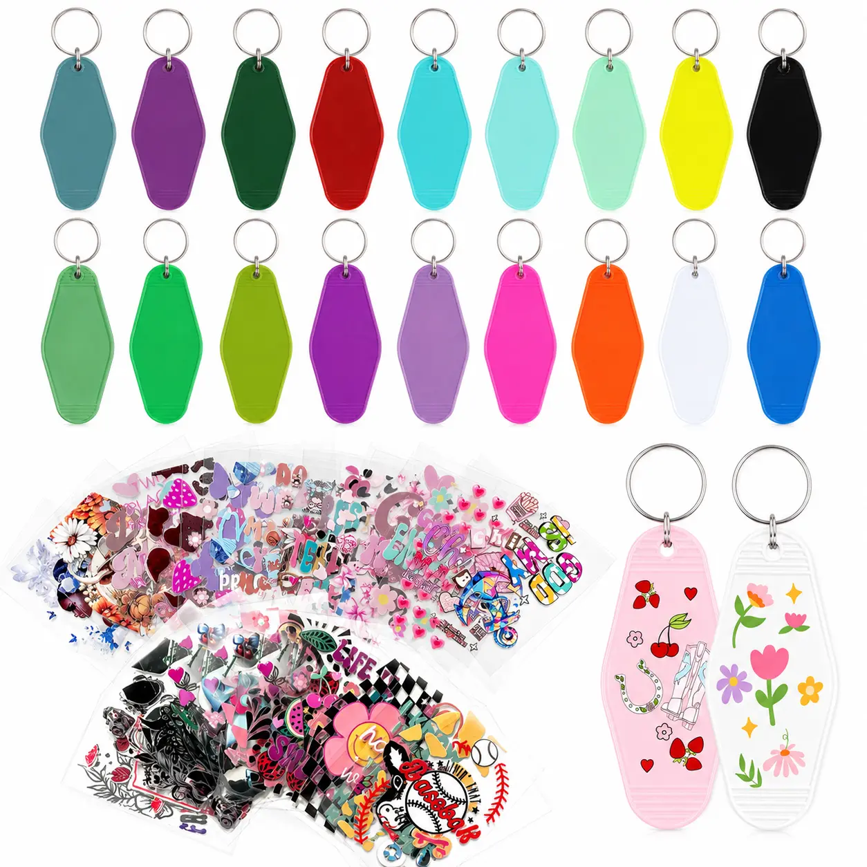24pcs/48pcs Mixed Styles UV DTF Keychain Wraps and Blank Hotel Keychains Set, for DIY Crafts Ornament