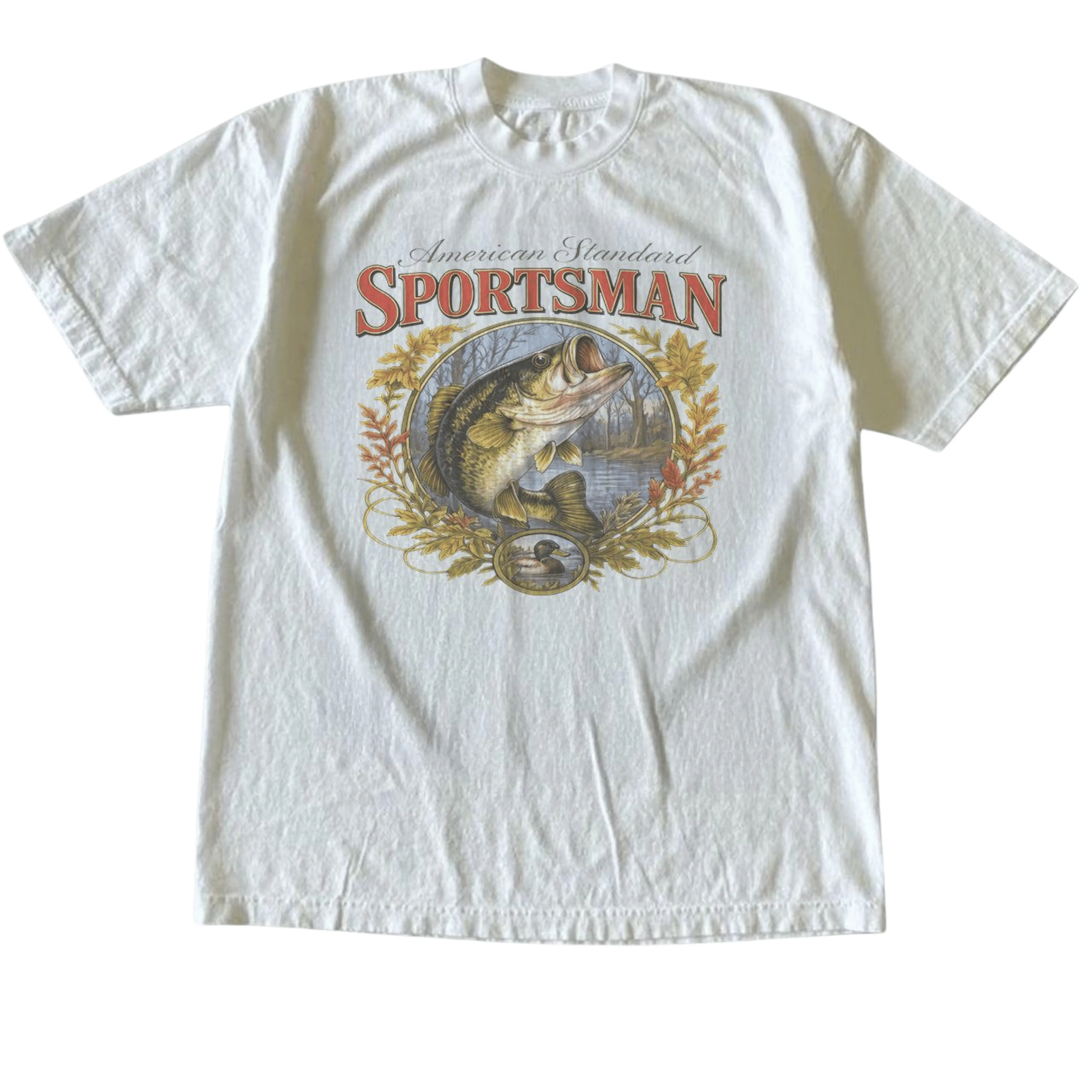 Gildan Men's and Women's T-Shirt, Vintage Style American Standard Sportsman Bass Fishing Graphic Tee, Unisex Casual Top, Outdoor Fisherman Shirt, Duck Hunting Cabin Apparel, Matching Couples Outfits, Unique Birthday Present, Premium Cotton
