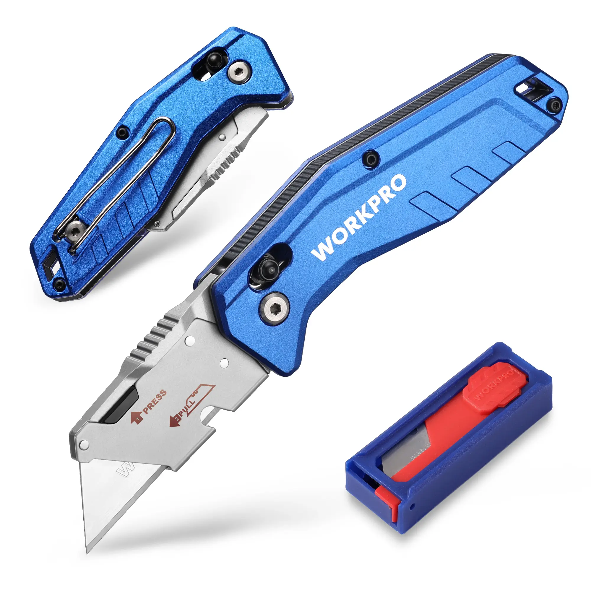 #backtoschool WORKPRO Premium Axis Lock Utility Knife Folding, Heavy Duty Metal Box Cutter with Quick Open Lock, Quick Change Blade Razor Knife, Foldable Pocket Knife with Belt Clip