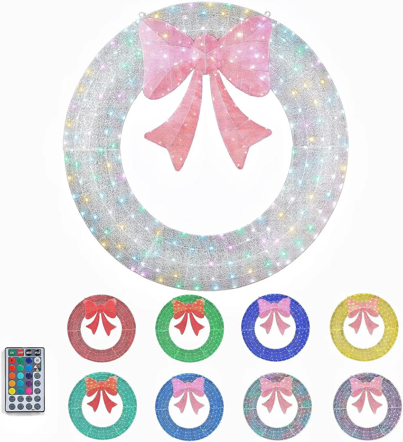 60IN Prelit Outdoor Christmas Wreath Decoration, Large Silver Lighted Metal Front Door Garland with Pink Bow, 280 RGB & Red LED Lights for Gate Wall Porch Indoor Outdoor Holiday Party Decor