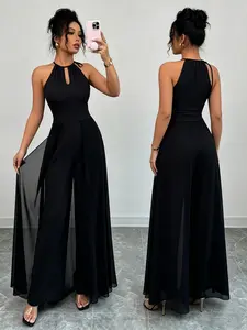 Women's Halter Neck Jumpsuit, Sleeveless Keyhole Cutout Top with Chiffon Overlay Wide Leg Pants, Elegant Formal Evening Party Jumpsuit