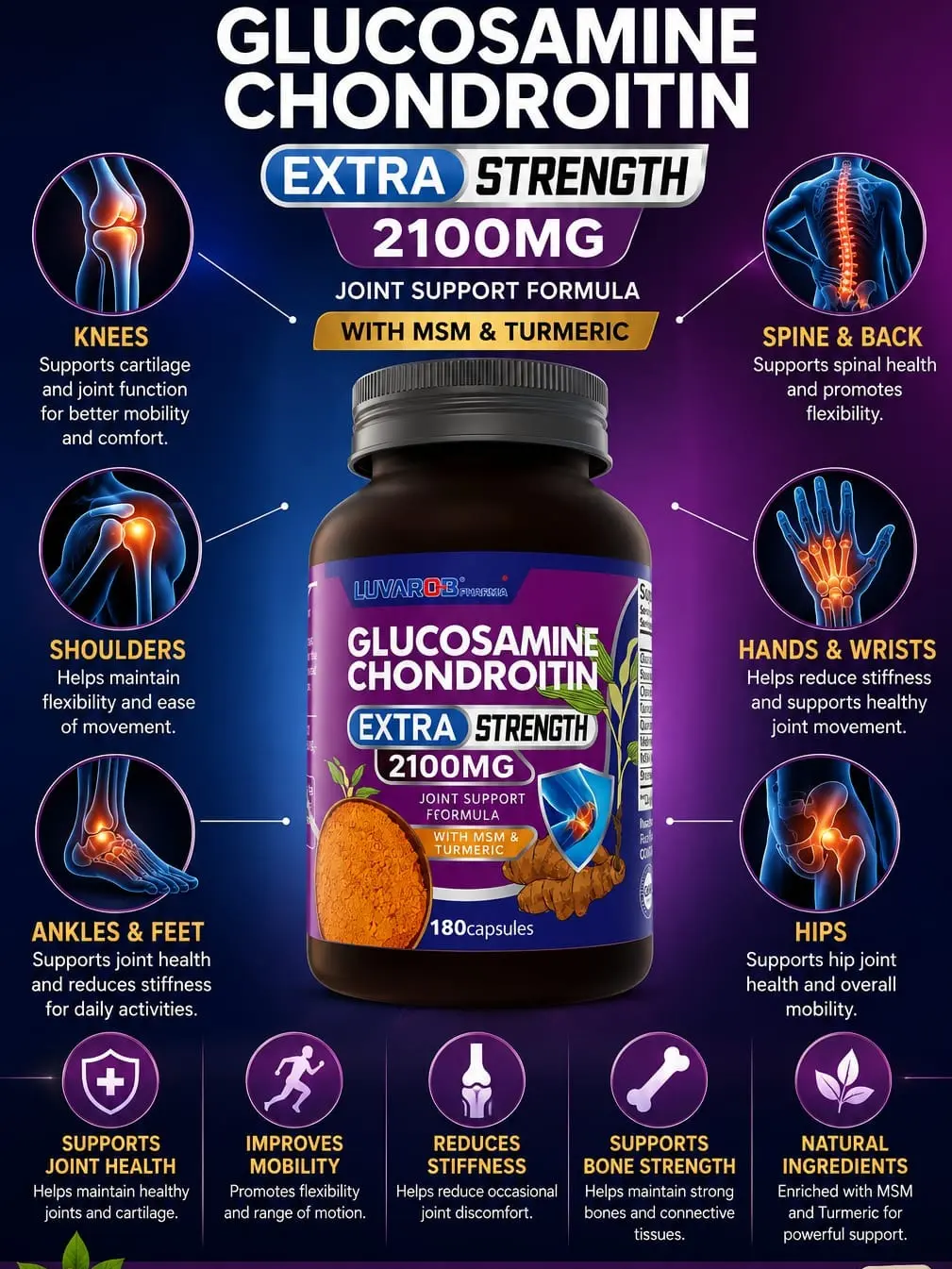 Glucosamine Chondroitrin 2100 mg with MSM & Tumeric - 180 Capsules Daily Nutrition Formula