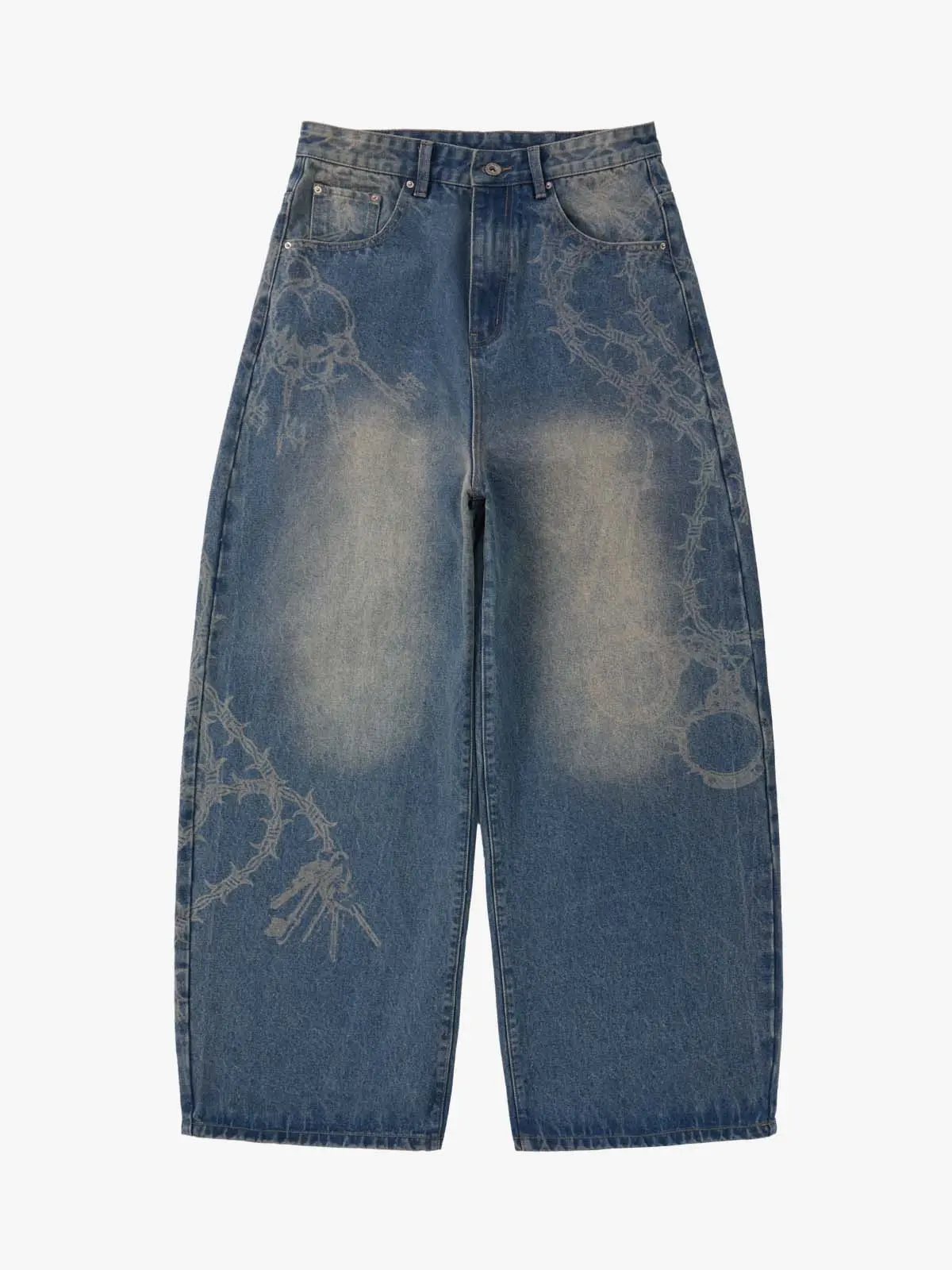 Supermade Men's Jeans with Thorn & Key Laser-Burnout Graphic, Retro Wash Baggy Denim in an Oversized Streetwear Fit, Menswear, Pants, Baggy Denim Style