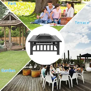 Portable Square Metal Fire Pit with Mesh Lid & Poker - Outdoor Courtyard Heater with Accessories Black 32x32x17 Inches for Garden Park & Terrace
