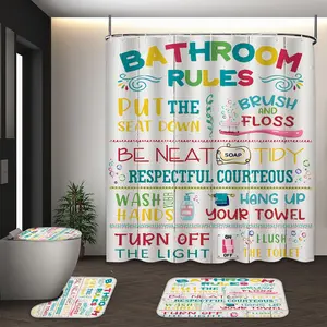 LVRLVR 4Pcs Funny Bathroom Rules Typography Print Colorful Farmhouse Multi-Color Bathroom Accessory Shower Curtain Set 70.8×70.8 Inch