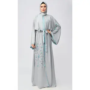 Grey floral Islamic Abaya With Matching Inner and belt