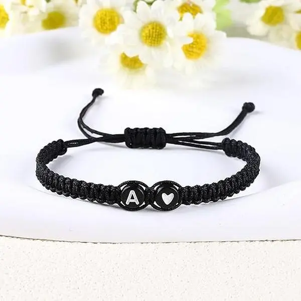 ultimate Unisex Handmade Friendship Bracelet, Black Braided Band with Acrylic Beads, Italian Resin Letter Charm and Chain Link, 20cm