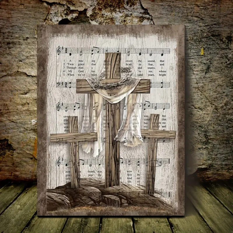 1-piece framed canvas wall art - <Amazing Grace> lyrics and religious cross - vintage sheet music background - framed ready-to-hang Christian decoration - earthy brown tones - suitable for living room, bedroom, church - Easter, wedding