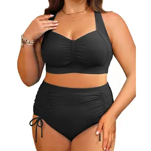 Daci Plus Size High Waisted Bikini - Women Two Piece Swimsuits Tummy Control Bathing Suits with Drawstring Ruched Bottom