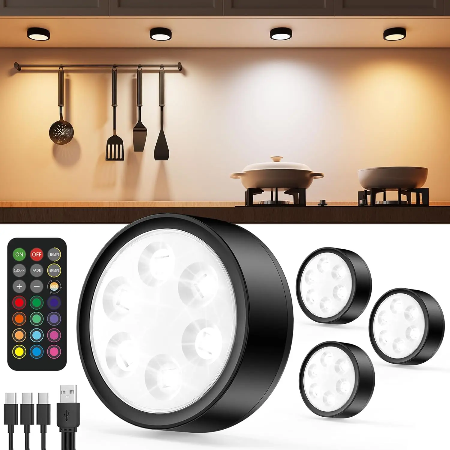 Rechargeable Under Cabinet Puck Lights with Remote Control, 2400mAh Battery Operated Push Button Light Stick On Magnetic Tap Lights Wireless RGB Color Changing Touch Light for Closet Kitchen