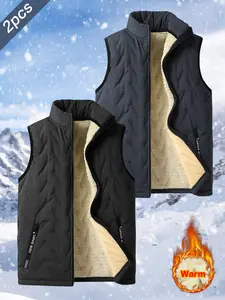 2pcs Men's Winter Fleece Lined Warm Stand Collar Vest with Full Zip Closure Suitable for Outdoor Activities and Everyday Casual Wear